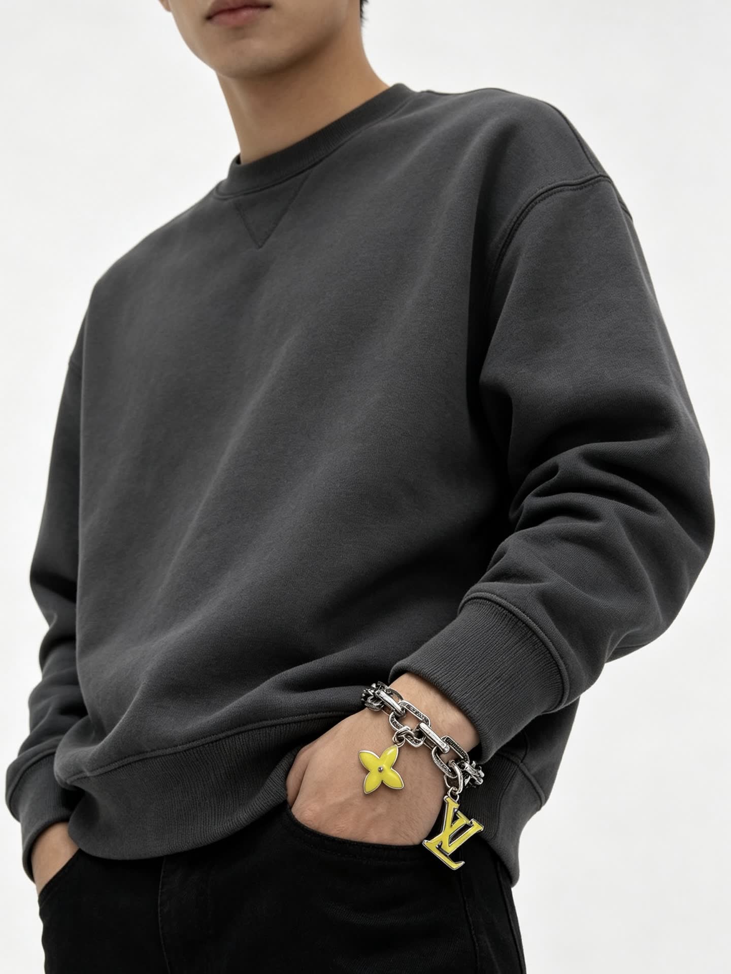 Louis Vuitton Silver Bracelet with LV Logo and Flower Charm